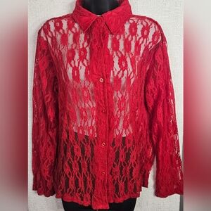 CW Classics Red Sheer Lace Button Down Blouse Large Collared Romantic Top